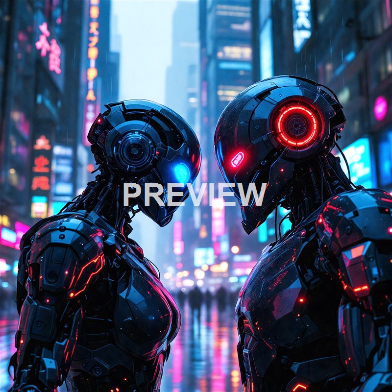 Two futuristic humanoid robots with glowing red and blue lights are facing each other in a neon-lit cityscape at night, with rain falling and tall buildings in the background.